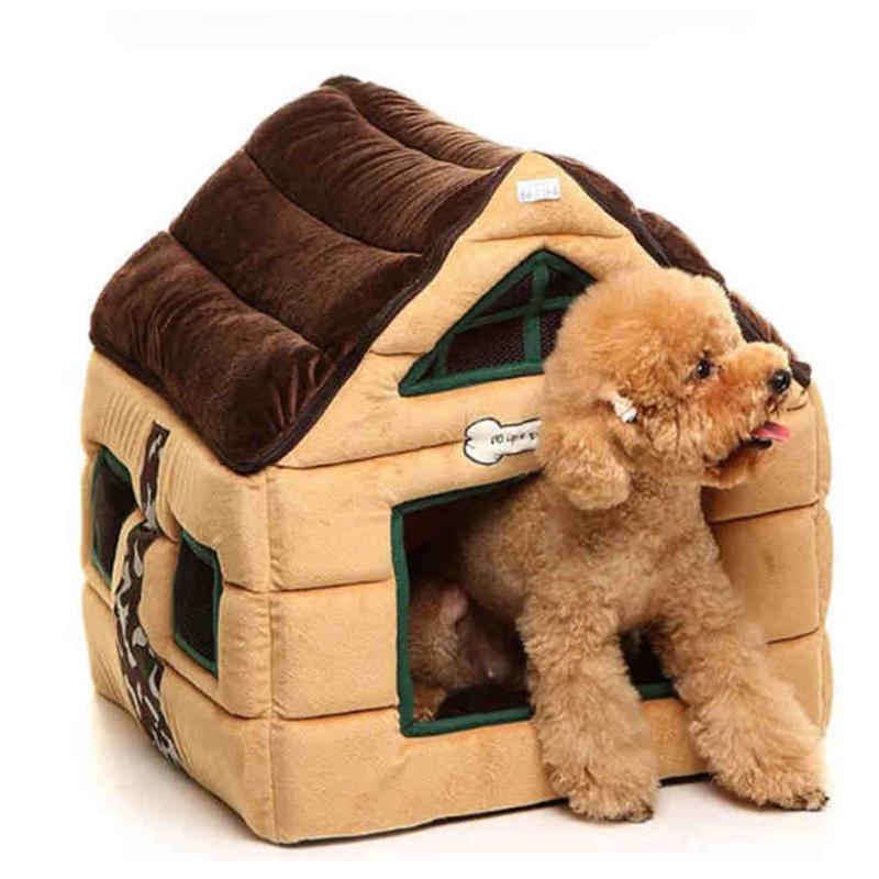 

Cute Soft Dog House Pet Bed Warm Kennel Dog Cage Fleece Blanket Pupppy Playpen Sofa Cama Cachorro Pet Carrier Supplies QKK60GW, Brown