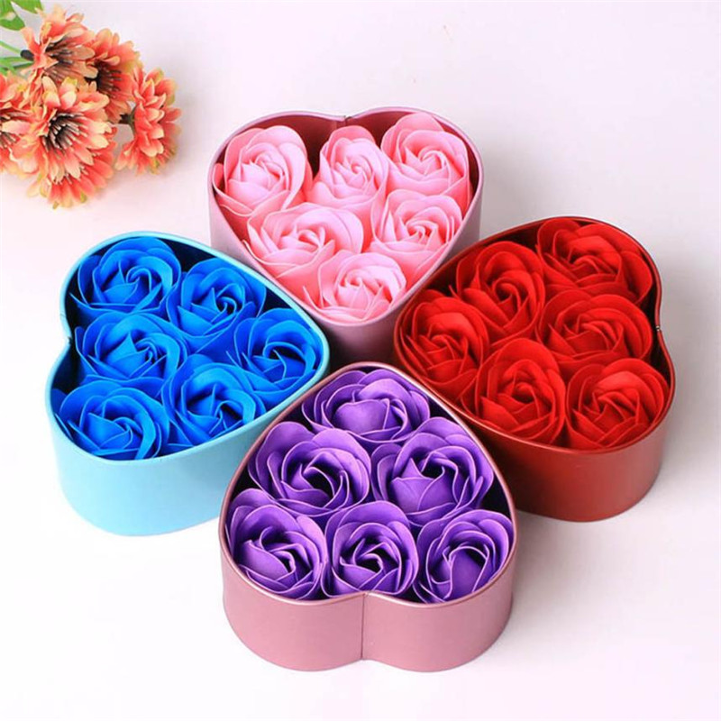 

6pcs Heart Scented Bath Body Petal Rose Flower Soap Love Heart Metal Box Containe Shower Rose Flower Decor Romantic Gift, Blue