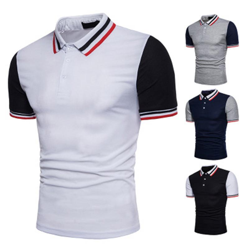 

Man Casual Polos Shirts Fashion Trend Summer Stripe Print Turn Down Collar Tees Designer Male New Patchwork Thread Short Sleeve Polos, Black