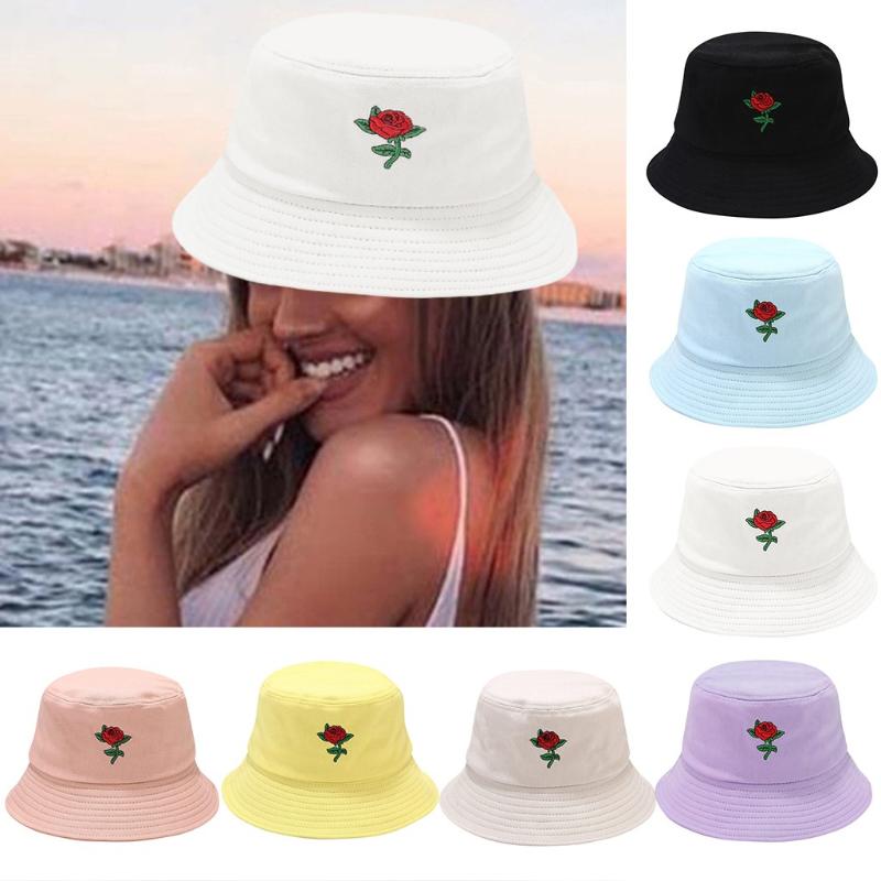 

Women Men Outdoors Hat Rose Print Unisex Adult Female Male Fisherman Hat Sunscreen Flower Cap gorro de pescador, White