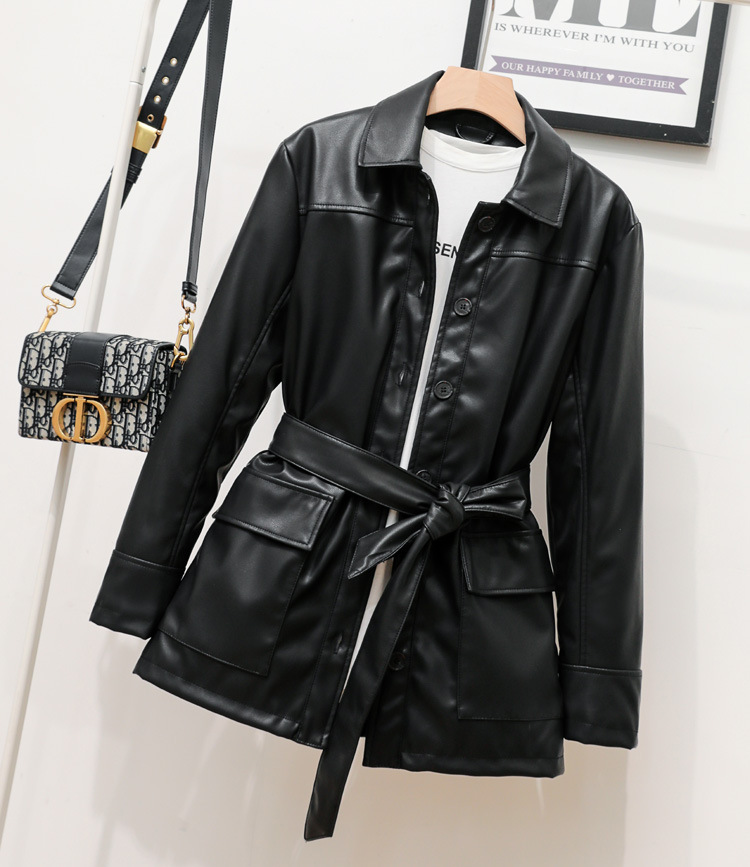 

Top Quality Women's female's locomotive button belt long Leather Jacket Blazer new Punk DJ leather short jacket Motorcycle Jacket, Black