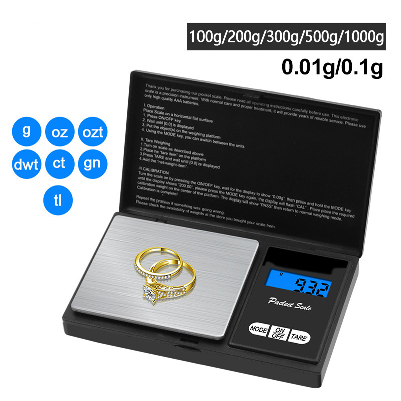 

1Pcs 100g 200g 300g 500g 1kg 0.01g 0.1g Mini Electronic Scale Pocket Digital Scale for Gold Sterling Silver Jewelry