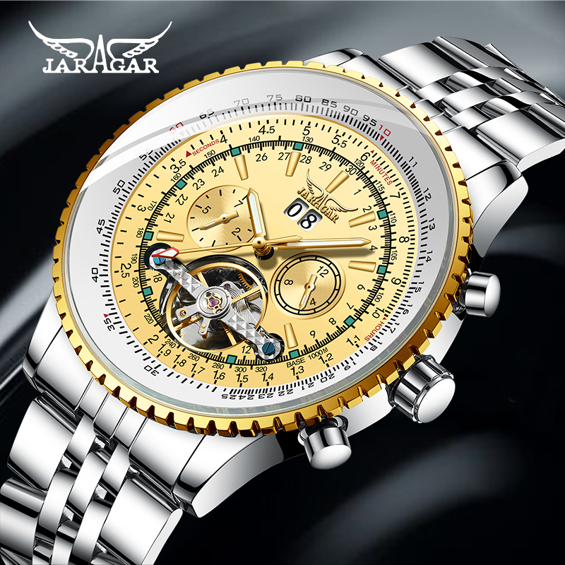 

Jaragar Silver Stainless Steel Tourbillion Design Calendar Display Mens Watches Top Automatic Mechanical Wristwatch, Silver black