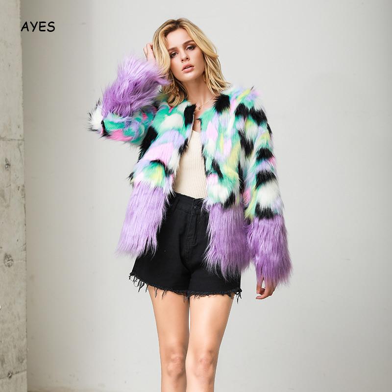 

Fashion Furry Faux Fur Coat Women Fluffy Warm Multicolor Winter Jacket Ladies Outerwear Coat Jacket Hairy Collarless Overcoat, Blue