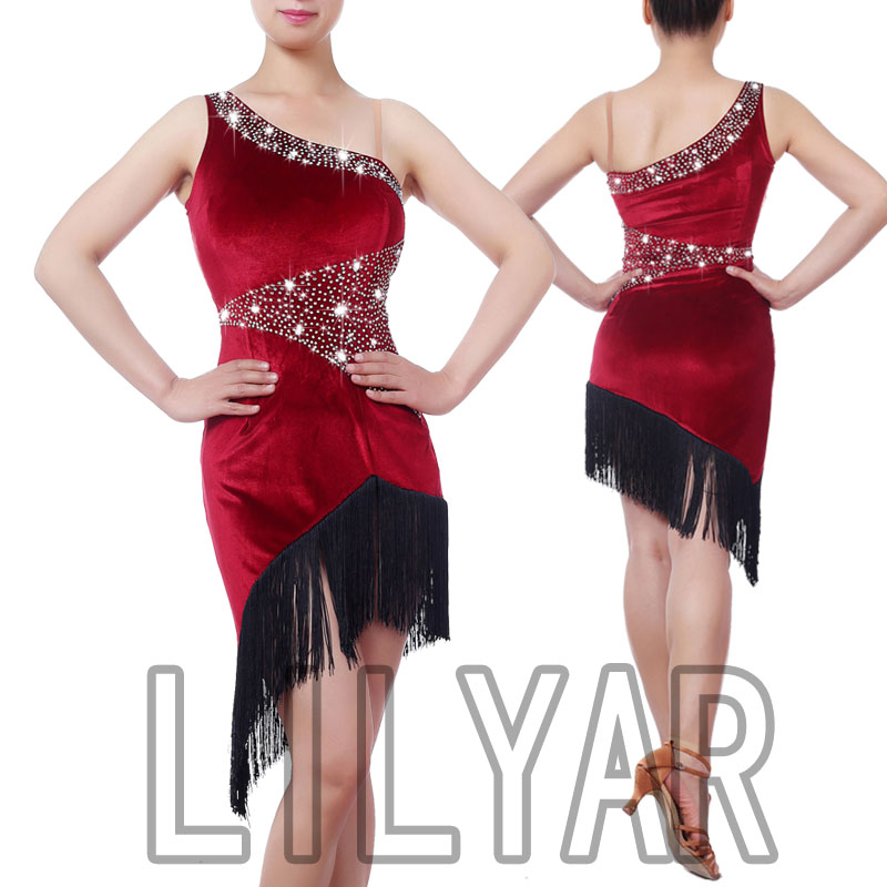 

Latin Dance Dress Competition Dress Costumes Skirt Performing Rhinestones Adult Customize Children Wine Red Stretch Velvet