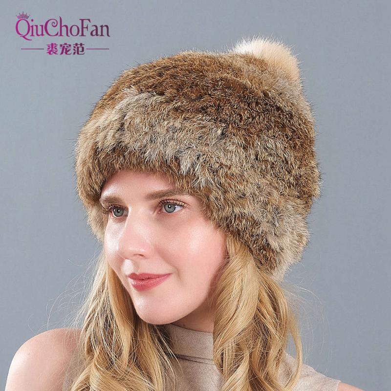 

High Quality Fashionable Winter Hats For Women Fur Beanie Knitting Wool Real Fur Casual Cute Girls Cap Free Shopping, Color3
