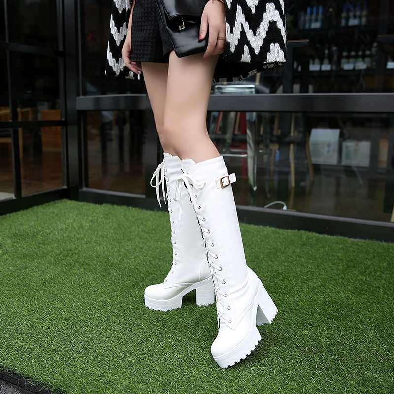 

XJRHXJR 2020 large sizes 34-43 Sexy high heels Knee-High Boots Woman Platform Winter women's Shoes add Fur Snow Boot female, Black