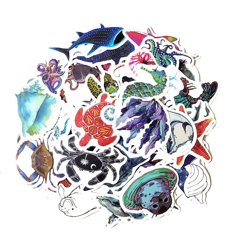 5 Sets=250PCS Blue Sea Creature Stickers Water Cup Notebook Stationery Mobile Phone Waterproof Stickers-image-585519340