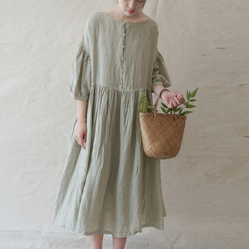 

Johnature 2020 Autumn New Cotton Linen Comfortable O-neck Button Three Quarter Sleeve Dresses Loose Leisure Women Fashion Dress, Black