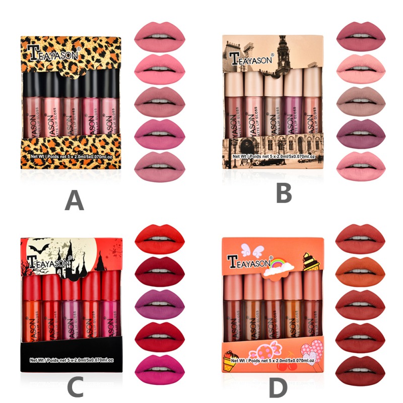 

New Arrive 5pcs Matte Lipstick Set Lip Makeup Velvet Lip Gloss Kit Long-lasting Waterproof Non-stick Cup Liquid