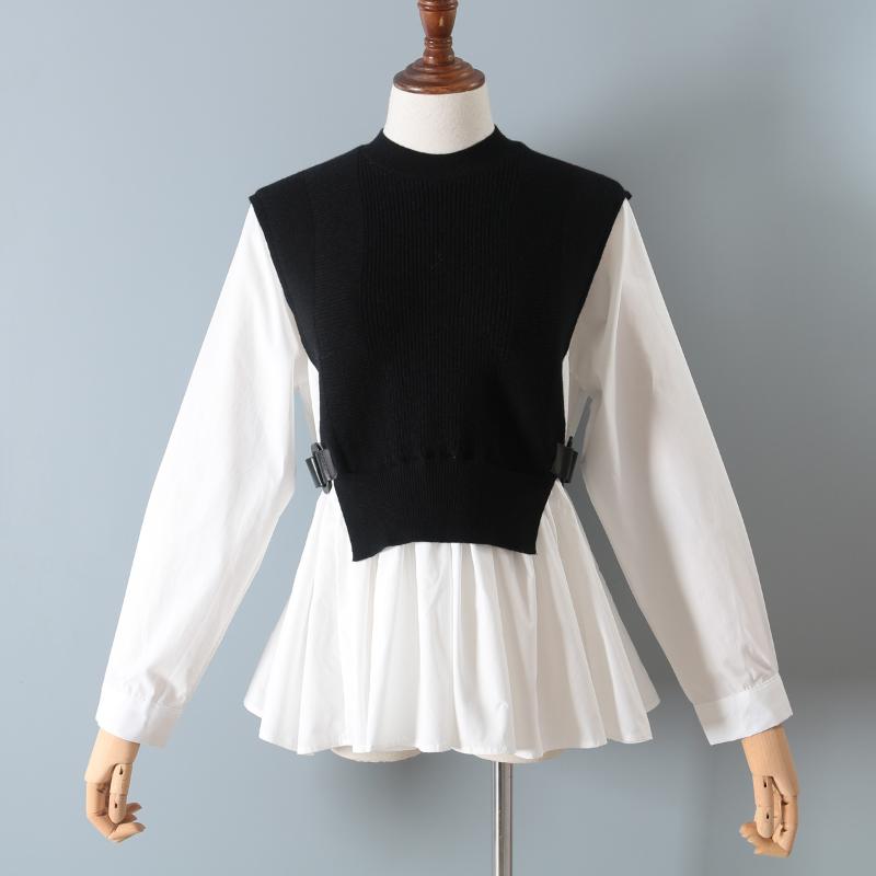 

Autumn new style knit sweater stitching shirt fashion waist slimming A-line hem long sleeve fake two-piece blouse 0909, Black