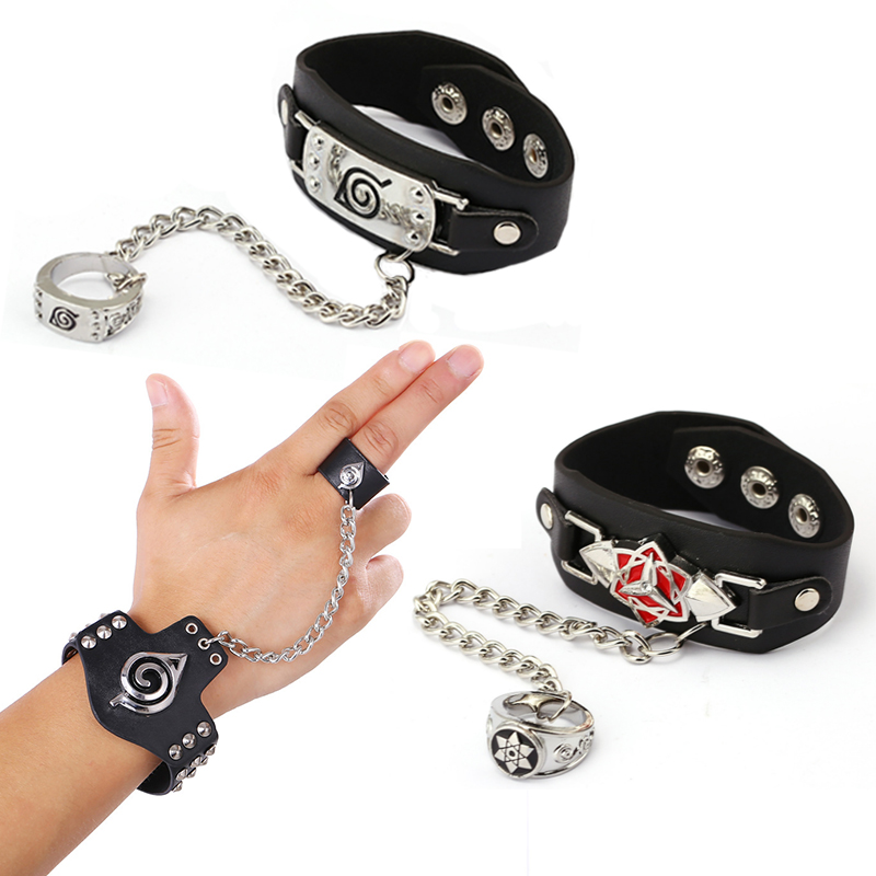 

Hot Japan Anime Naruto Uzumaki Uchiha Sasuke Konoha Logo Punk Leather Bracelet Cosplay Accessories, Golden;silver