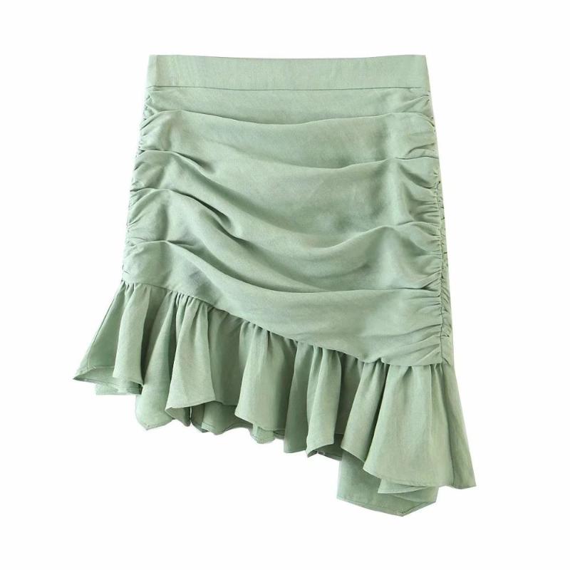 

2020 Summer New Women Linen Asymmetric pleated ruffled hem skirt High-waist stylish casual female skirts ropa mujer falda, Green