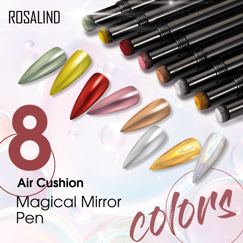 

ROSALIND Air Cushion Magical Mirror Glitter Powder Pen Metallic Color For Nails Art Design Semi Permanent Need Base Top Coat