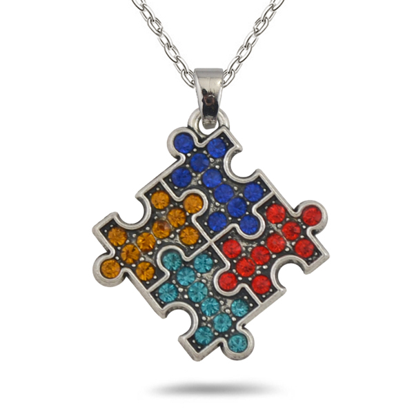 

my shape Rhodium Plated Autism Awareness Jigsaw Puzzle Piece Multicolor Crystal Paved Pendant Fashion Necklace Jewelry