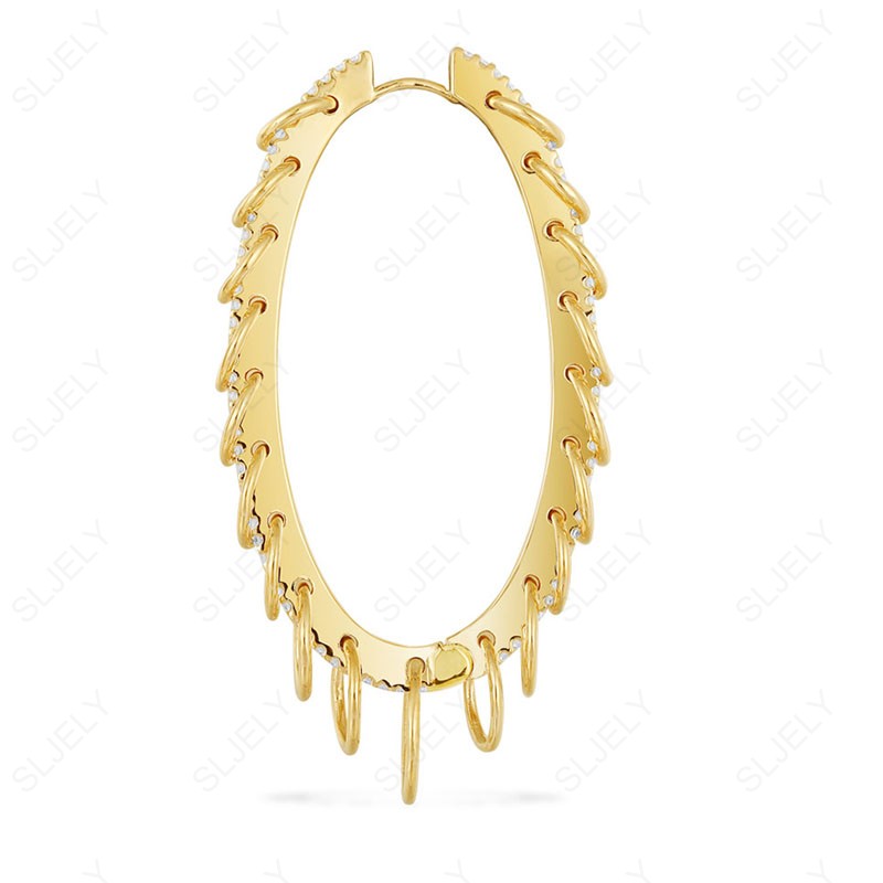 

SLJELY Fashion Puck Rock S925 Sterling Silver Yellow Gold Color Multi Circle Long Oval Hoop Earring Paved Zirconia 1pc for Women