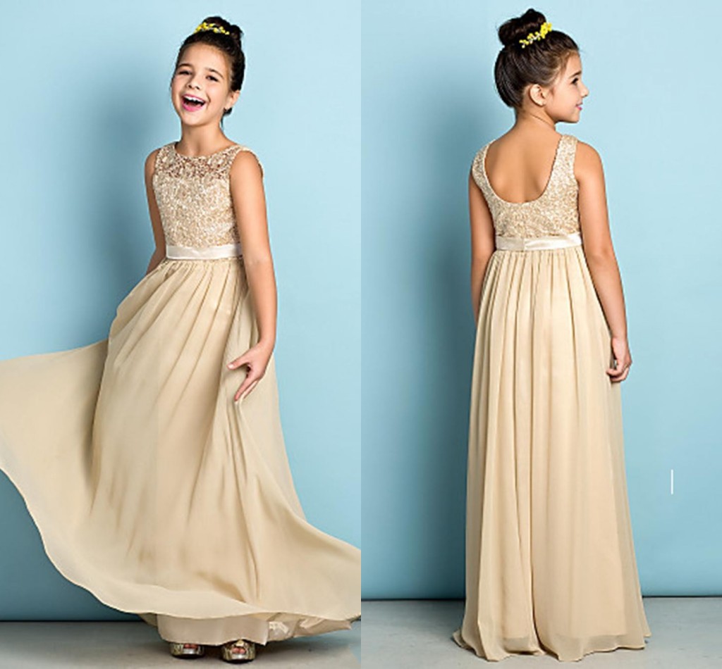 

New Fashion Cheap Champagne A-line Junior Bridesmaid Dresses Scoop Neck Lace Floor-length Chiffon Bridesmaid Dress Wedding Guest Party Gowns