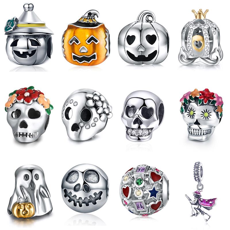 

Jiayiqi Halloween Silver Jewelry Charms 925 Sterling Silver Pumpkin Skull Magic Witch Beads for DIY Women Bracelet Making Gifts