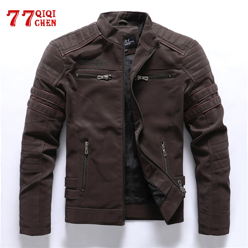 

Faux Leather Jacket Men Winter Fleece Warm Motorcycle Windbreaker PU Leather Jackets Male Multi-pocket Embroidery Jackets, Army green