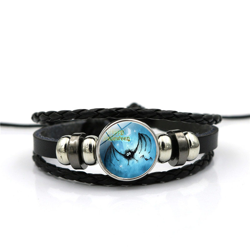 

2020 Hot Handmade Glass Dome Bat Bangle Women Men Halloween Jewelry Gift Classic Multilayer Black Leather Bracelet Wholesale