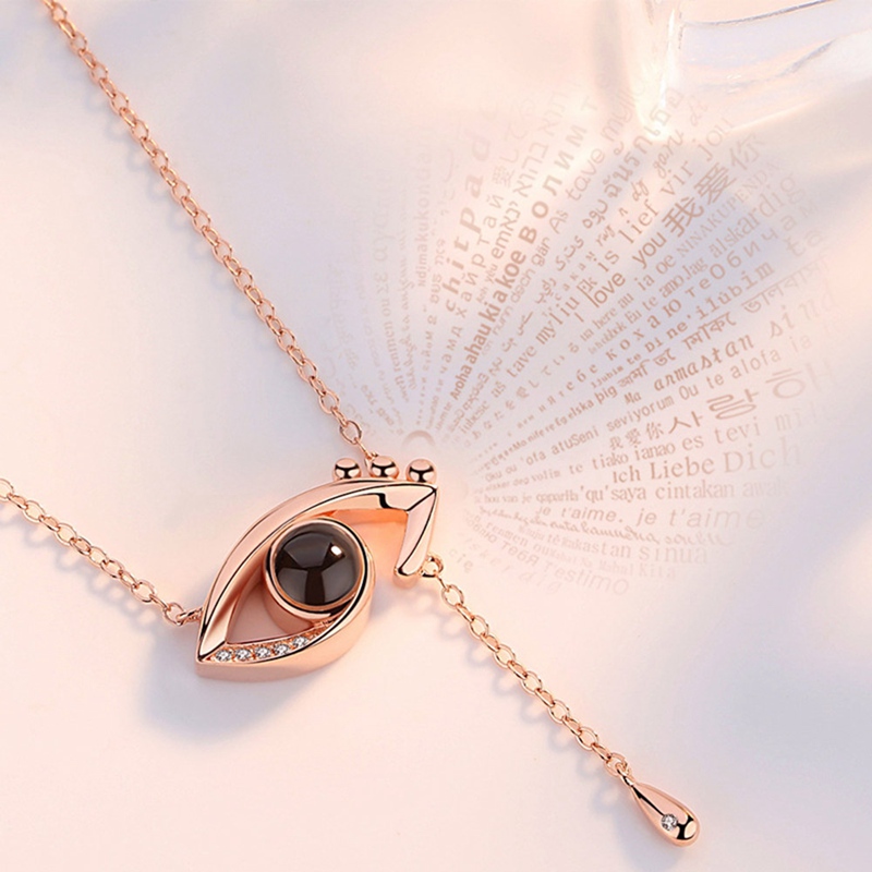 

Projection Evil Eye Floating Charm Necklace For Women 100 Language I Love You Rose Gold Crystal Stainless Steel Chain 2020 Trend