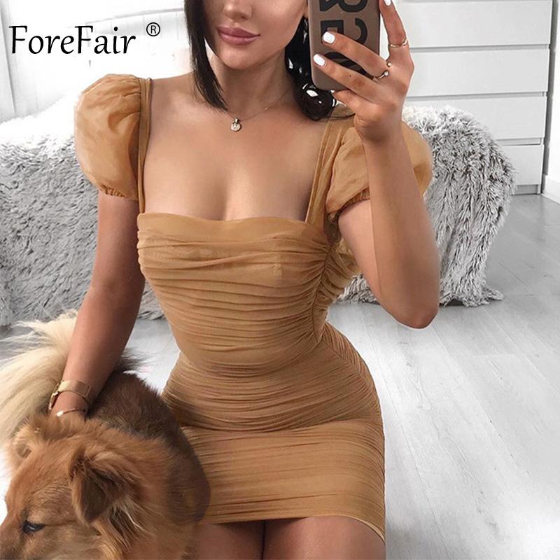 

Forefair Puff Sleeve Mesh Sexy Dress Summer Mini Square Neck Vintage Fashion 2020 Club Party Bodycon Dress Women, Khaki dress