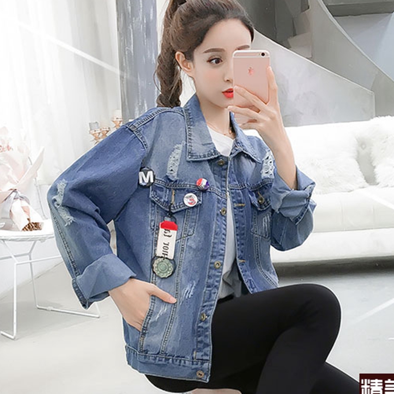 

Basic Coat Bombers Vintage Oversize Denim Jacket Women Cowboy Jeans Spring Autumn Student Frayed Ripped Hole Jean Jacket Outwear, Blue