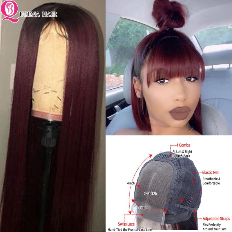 

Straight Closure Wig Ombre Human Hair Wig With Bang 4*4 Lace Closure Remy 1B 99J Burgundy Brazilian Wigs For Black Women 180, As pic