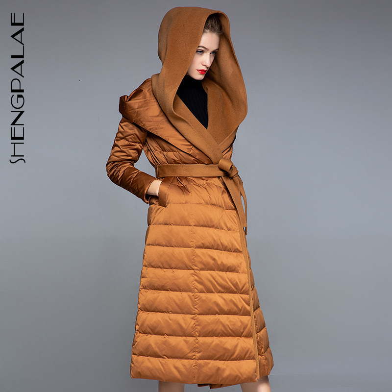 

SHENGPALAE 2020 High Quality Down-coat Women Long Sleeve Hooded Waist Belt White Duck Down Autumn Winter Keep Warm Jacket FU088, Black
