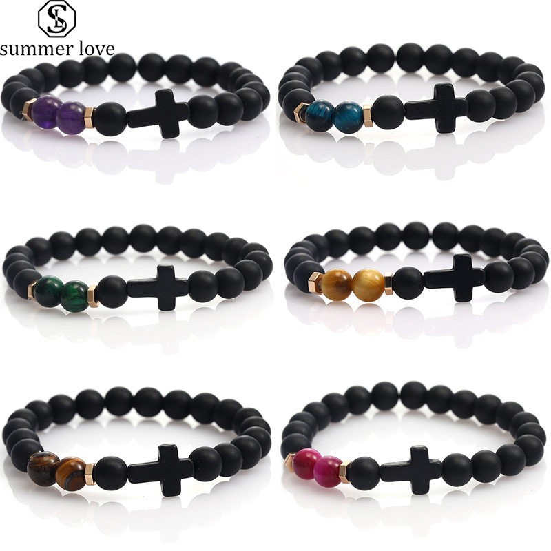

8mm Men Bracelet Fashion Black Matte Stone Cross Charm Stretch Rope Friendship Bracelets Prayer Beads Yoga Jewelry Wholesale