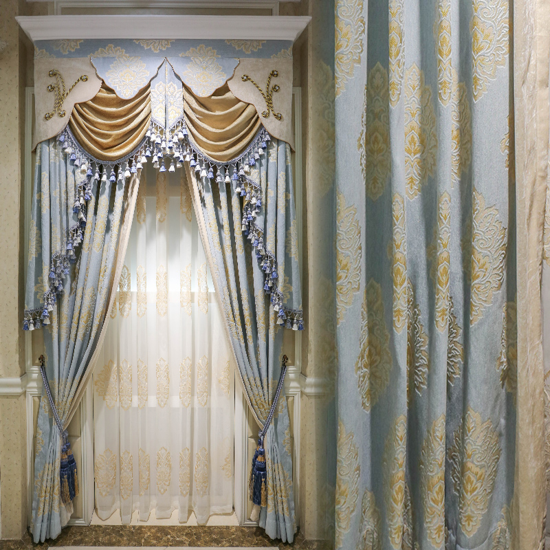 

Custom curtains Luxury European Exquisite Jacquard chenille simple modern blue cloth blackout curtain tulle valance drapes N466, Tulle sheer