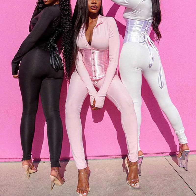

autumn fashion women 2 piece outfits casual jumpsuits+bandage corset matching set activewear fitness skinny stretchy, 2 plastic belt