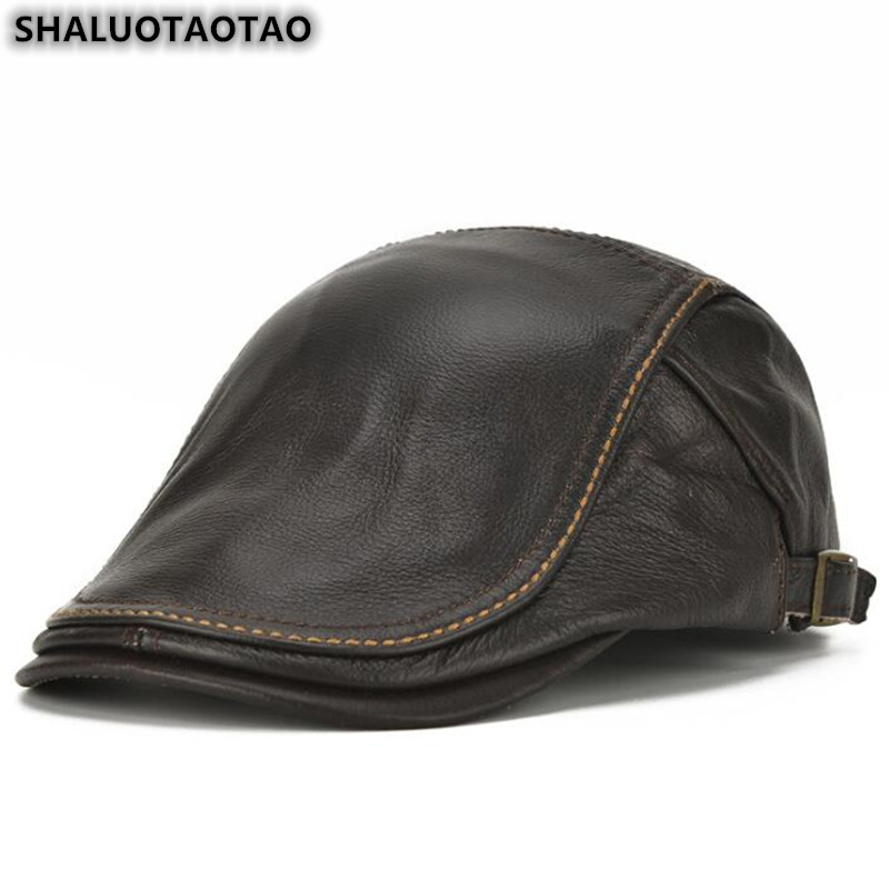 

SHALUOTAOTAO Trend Genuine Leather Hat For Men Autumn Winter Fashion Cowhide Berets Adjustable Size Elegant Brands Snapback Cap, Brown