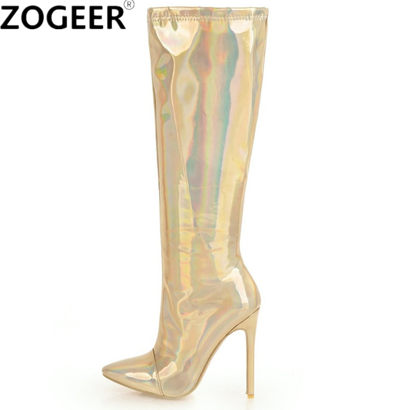 

Plus size 48 Women Boots Sexy Fetish Dance Nightclub Party Shoes High Heel Gold Silver Women Knee High Boots Thigh