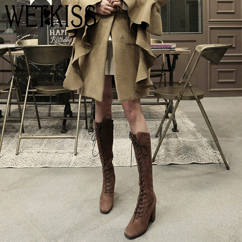

WETKISS Knee High Boots Winter Women Cross Tied Square Toe Boots Zipper 2020 Fashion Shoes Ladies High Heels Kid Suede Footwear, Brown