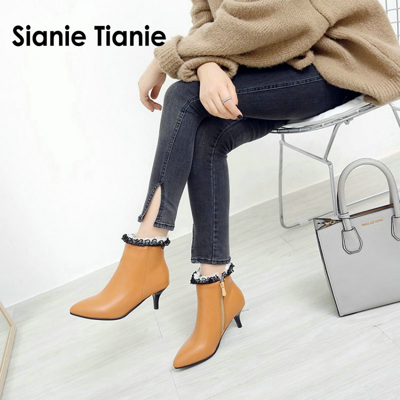 

Sianie Tianie 2020 winter low heels woman shoes fashion woman boots with lace zip up female ladies shoes plus size 44 45 46 47, Grey
