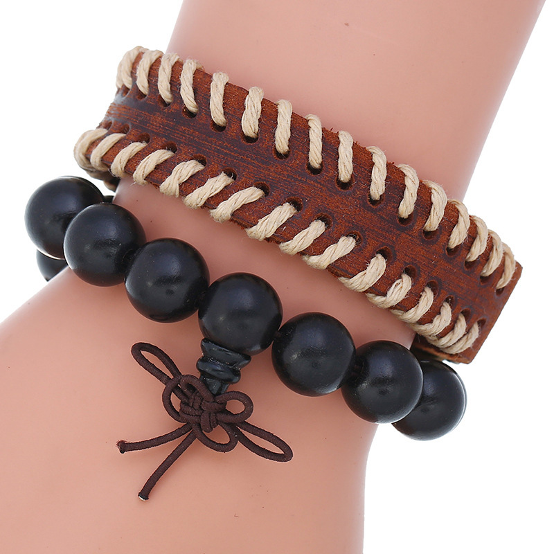 

NIUYITID Men Bracelet Vintage Handmade Brown Leather Beaded Hand Bracelet Jewelry Male Wristband