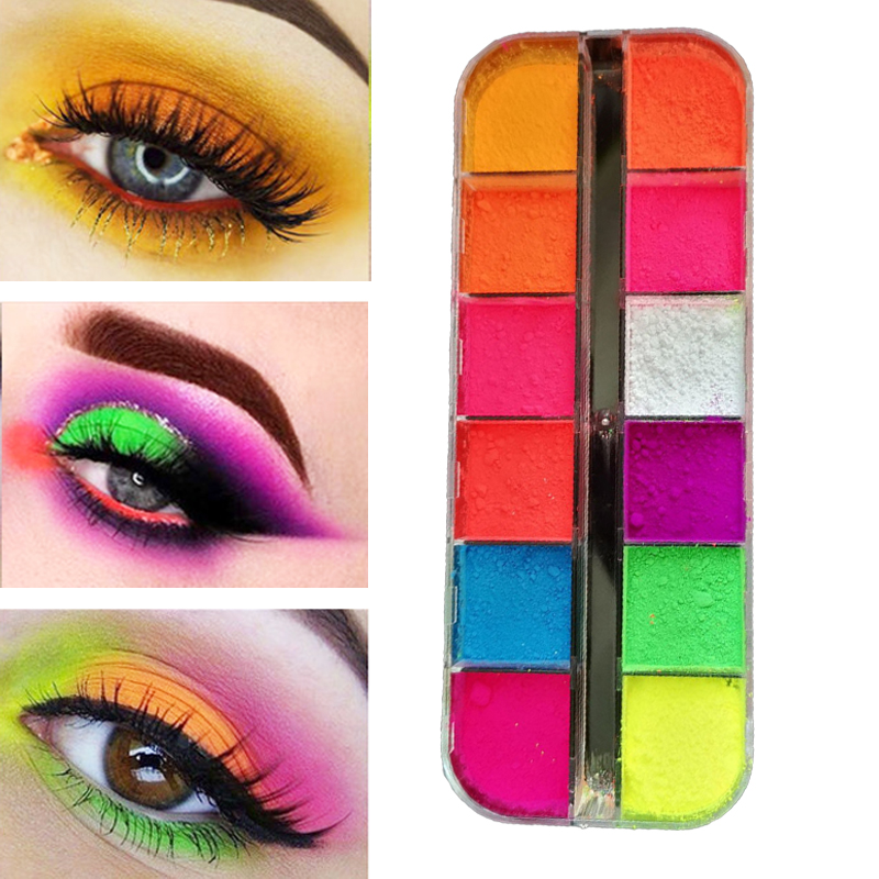 

12 Colors/Box Fluorescent Neon Pigment Eye Shadow Makeup Palette Glitter Shimmer Eyeshadow Face Body Nail Art Cosmetics Tools, 1 box