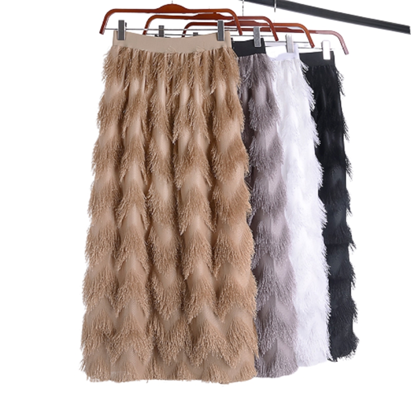 

Autumn Winter Tassel Long Skirt Women Elastic High Waist Split Wrap Ladies Skirt Female Fashion Khaki Black White Streetwear