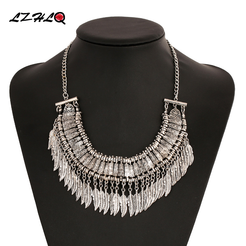 

LZHLQ Vintage Maxi Leaf Pendants Necklaces Women Plated Metal Feather Tassel Clavicle Necklace Ethnic Carving Jewelry Statement
