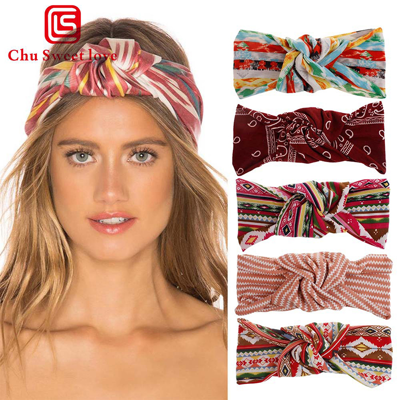 

Girl Bohemian Hairband Fashion Summer Print Headband Retro Cross Bandage Bandage Turban Turban Headband Hair Accessories