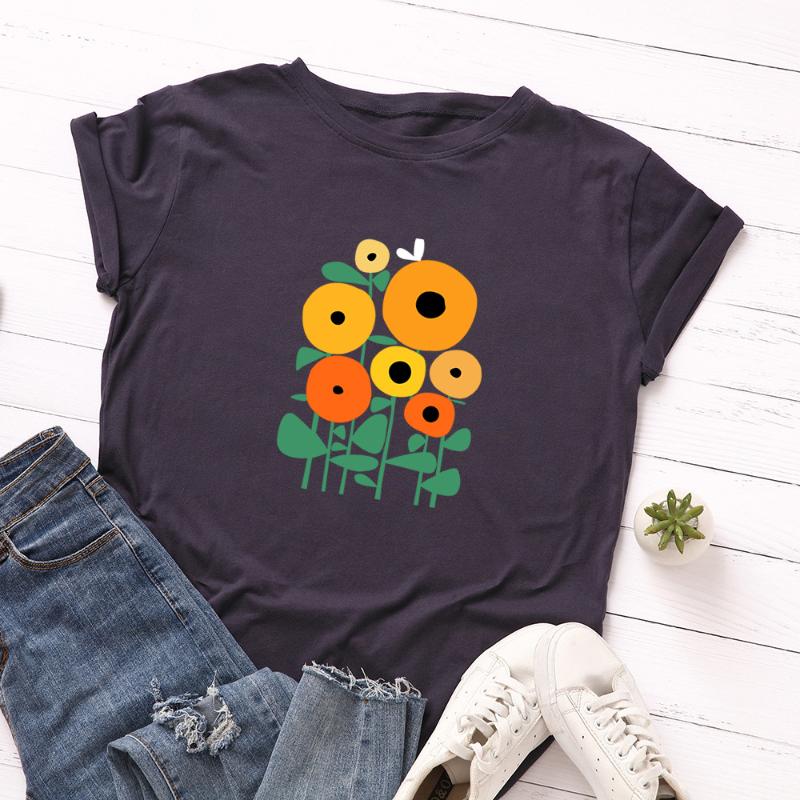 

Women Sunflower Cotton T-shirt Fashion Streetwear Tees Casual Harajuku T Shirt Summer Basic Print Tops Plus Size -5XL Shirts, Black