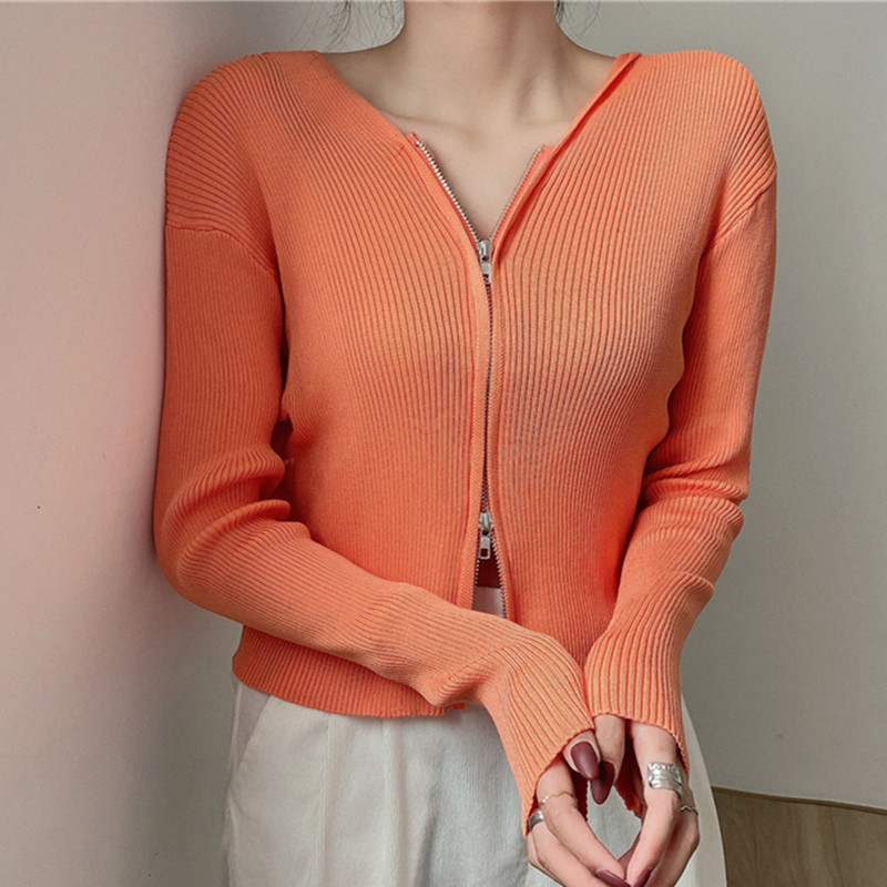 

Korea Design Chic Sweater Knitwear 2020 Hooded Short Knitted Sweater Zipper pullover Sweaters Women Casual Knittshirt, Green