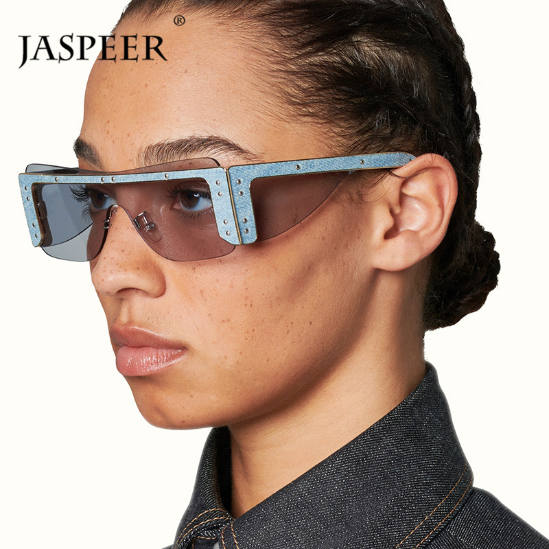 

JASPEER 2020 New Rectangle Rimless Sunglasses Women Men Designer One Piece Sun Glasses Rivet Punk Eyewear Glasses