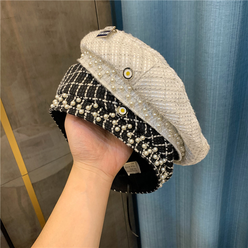 

202008-chui British plaid pearl lady beret hat women Leisure painter hat, Black
