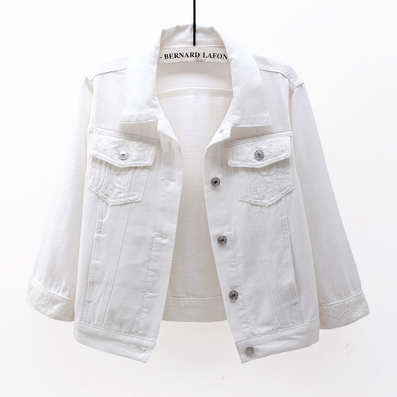 

Vintage Denim Jacket Women Spring Autumn Korean Lace 3/4 sleeve Slim Short Jeans Jacket Women Harajuku White Jackets Tide G217, Blue