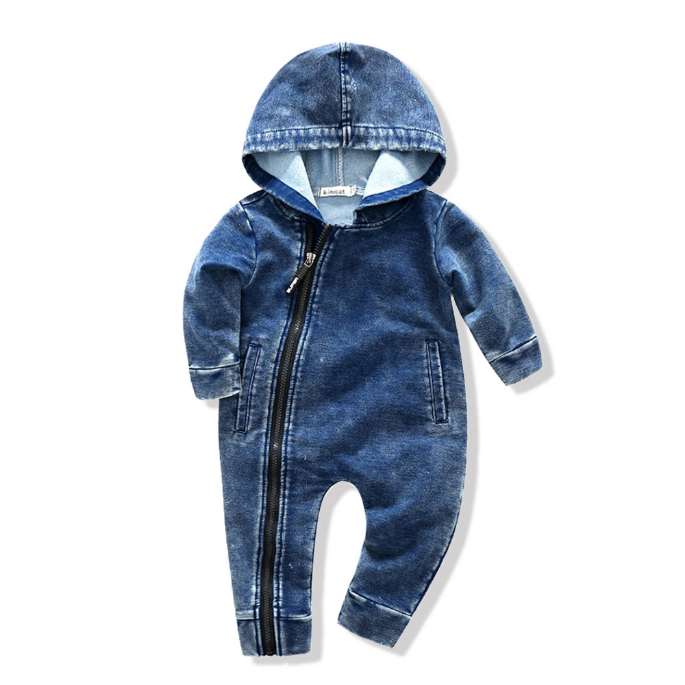 

2020 new baby long-sleeved denim jumpsuit children's stretch hakama boy autumn clothes one-piece crawling clothes cute first bir, Navy blue