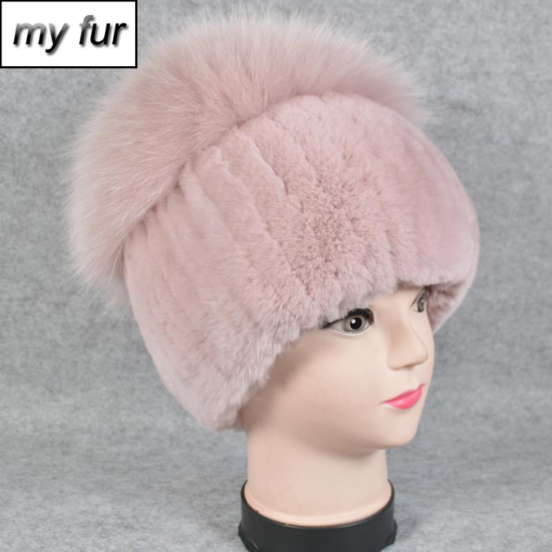 

2020 New Style Women Real Genuine Fur Beanies Hat Girls Natural Real Rex Fur Skullies Cap Knit Winter Hats, Dark grey