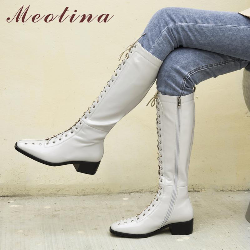 

Meotina Real Leather Mid Heel Knee High Boots Women Shoes Square Toe Lace Up Zip Block Heels Long Boots Autumn Winter Beige 43, Black synthetic lin