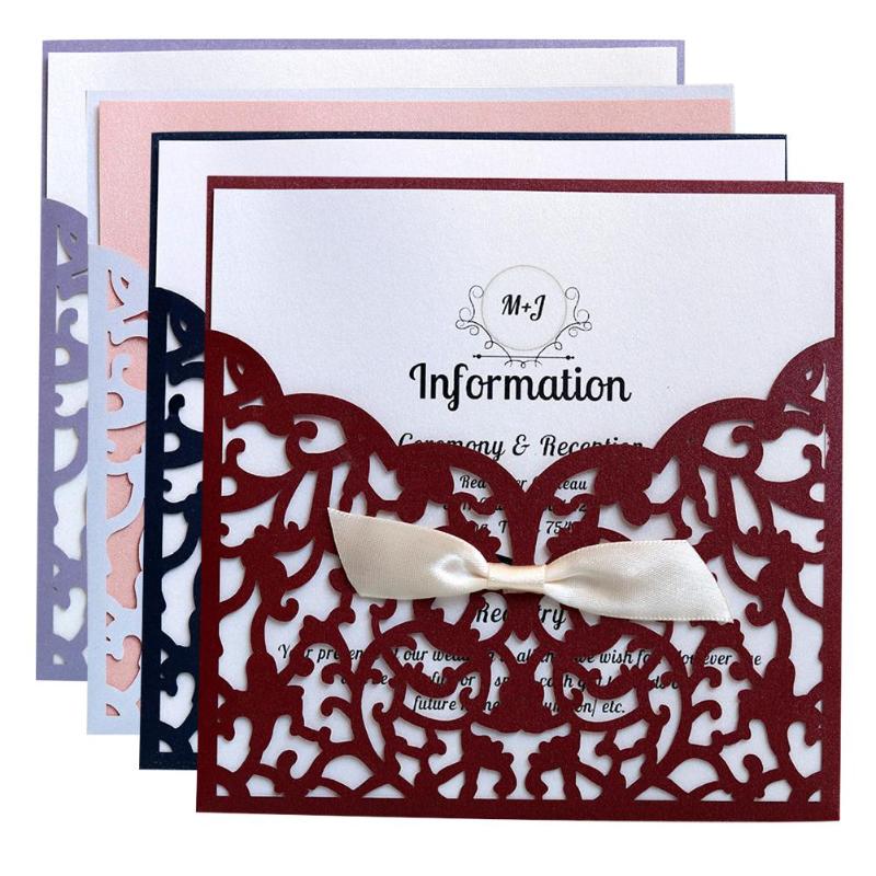 

10PCS European style Laser Cut Flower with Bowknot Wedding Invitations Cards Lace Pocket Greeting Card Wedding Party Supplies